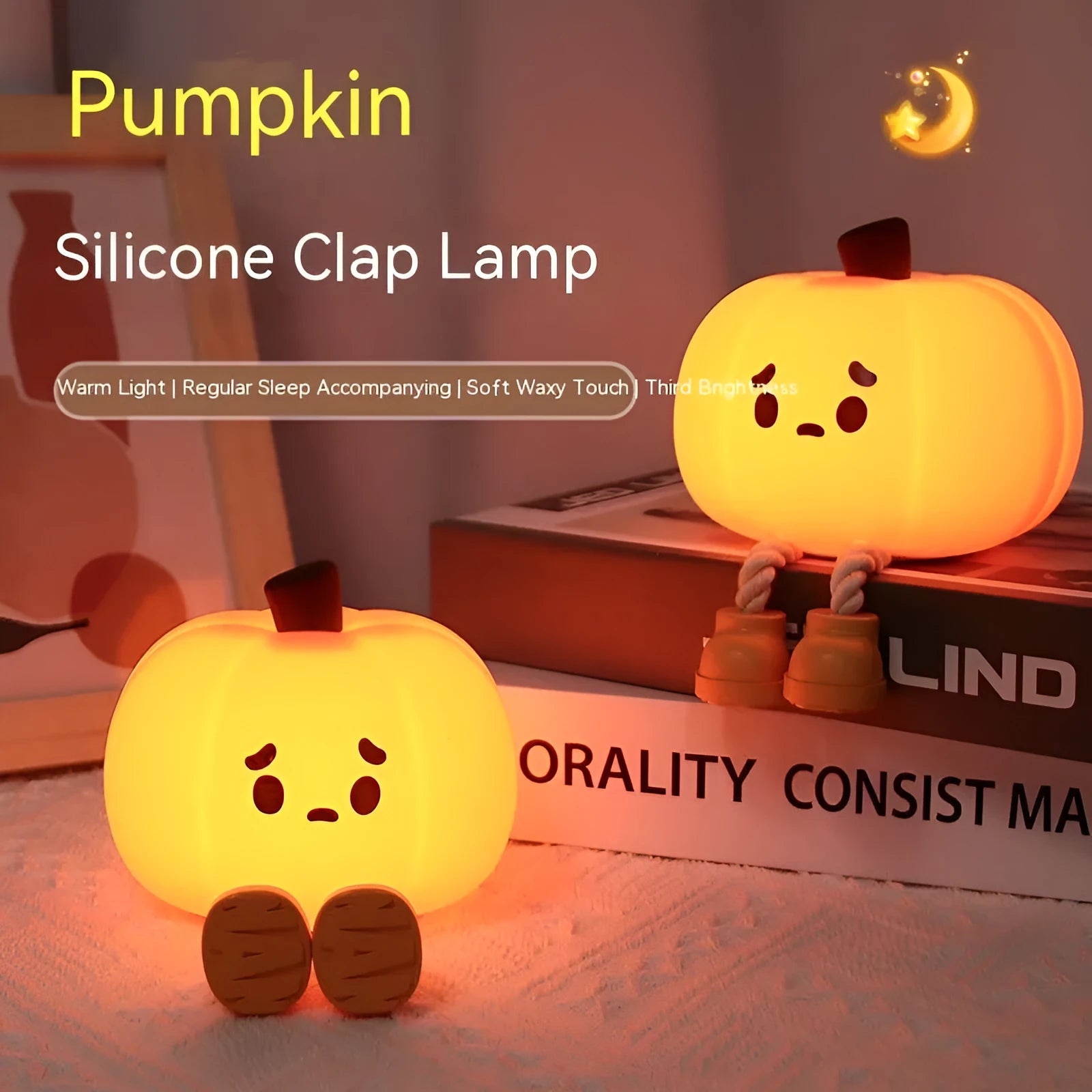 Orange silicone pumpkin night light with USB charging port and cotton accents, displayed as decorative lantern