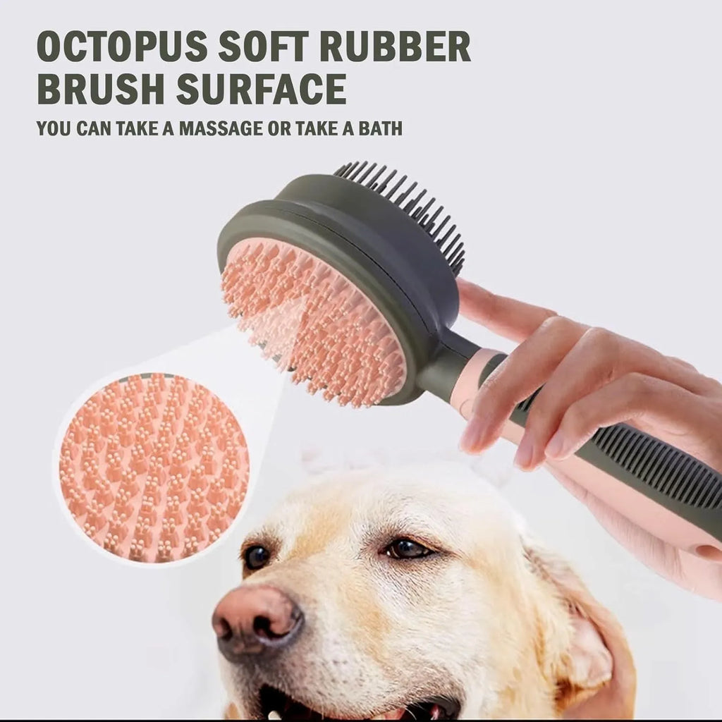 Pink and green double sided cat grooming brush showing slicker brush and flea comb sides with release button.