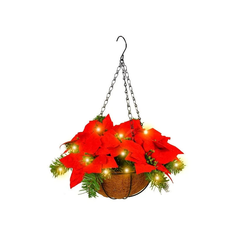 Red artificial Christmas flower hanging basket wall decoration with pre-assembled floral arrangement