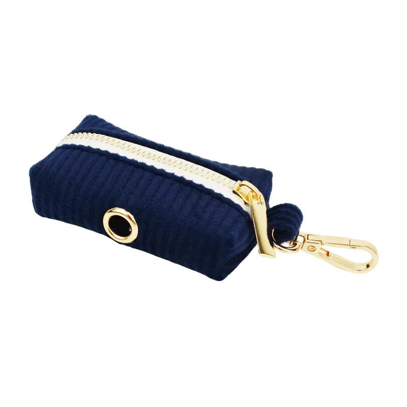 Navy blue corduroy dog collar and leash set with matching vest, poop bag, and decorative bow