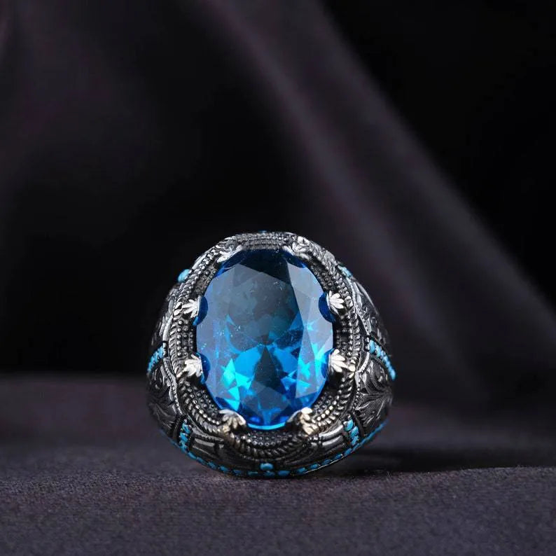 Geometric blue zircon alloy couple ring in antique silver electroplating showing detailed design