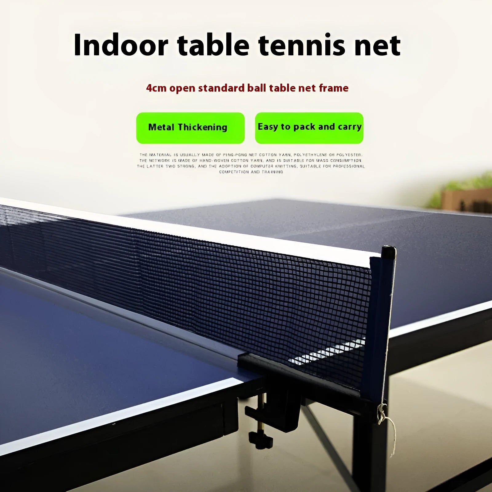 Table tennis post with thickened universal clamp and open grid steel frame on a table