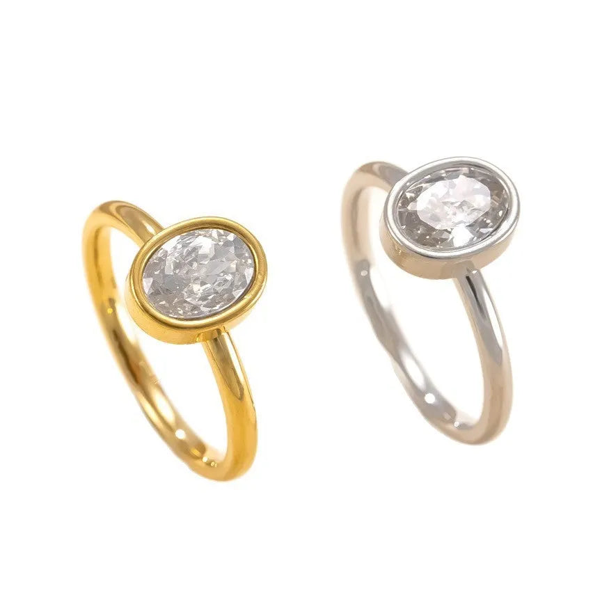 Stainless steel oval zircon ring with electroplated finish, available in steel, gold, or white gold, sizes No 6 to No 10