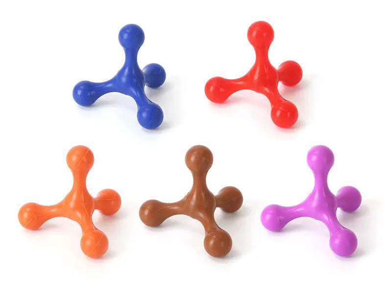 Blue silicone dog chew toy shaped like a bone with three legs, shown next to a small puppy.