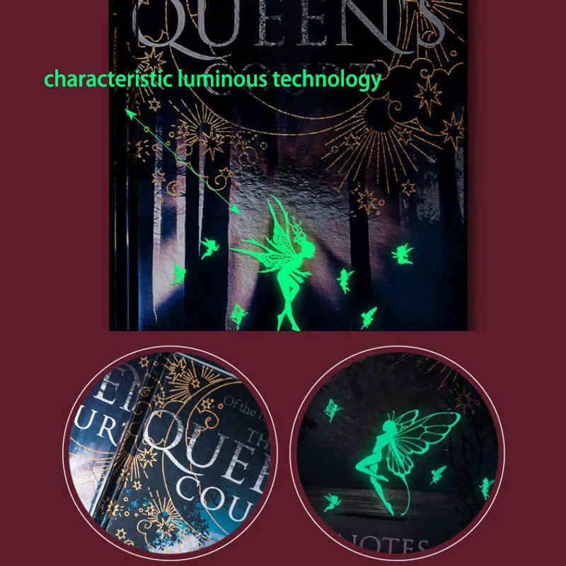 Blue and purple luminous hardcover A5 notebook with full-colour illustrated pages open.