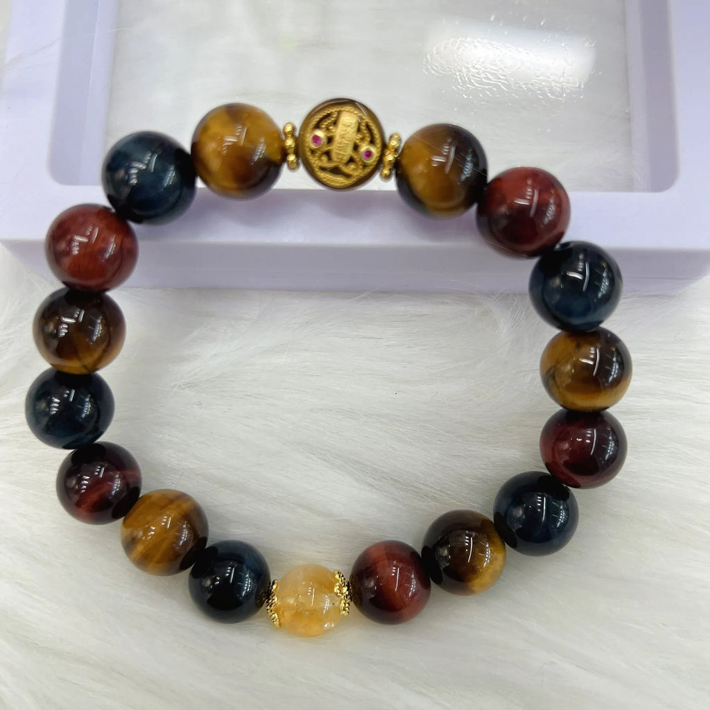 Tiger eye gemstone bracelet with loose round beads on Maillard chain, 18cm length