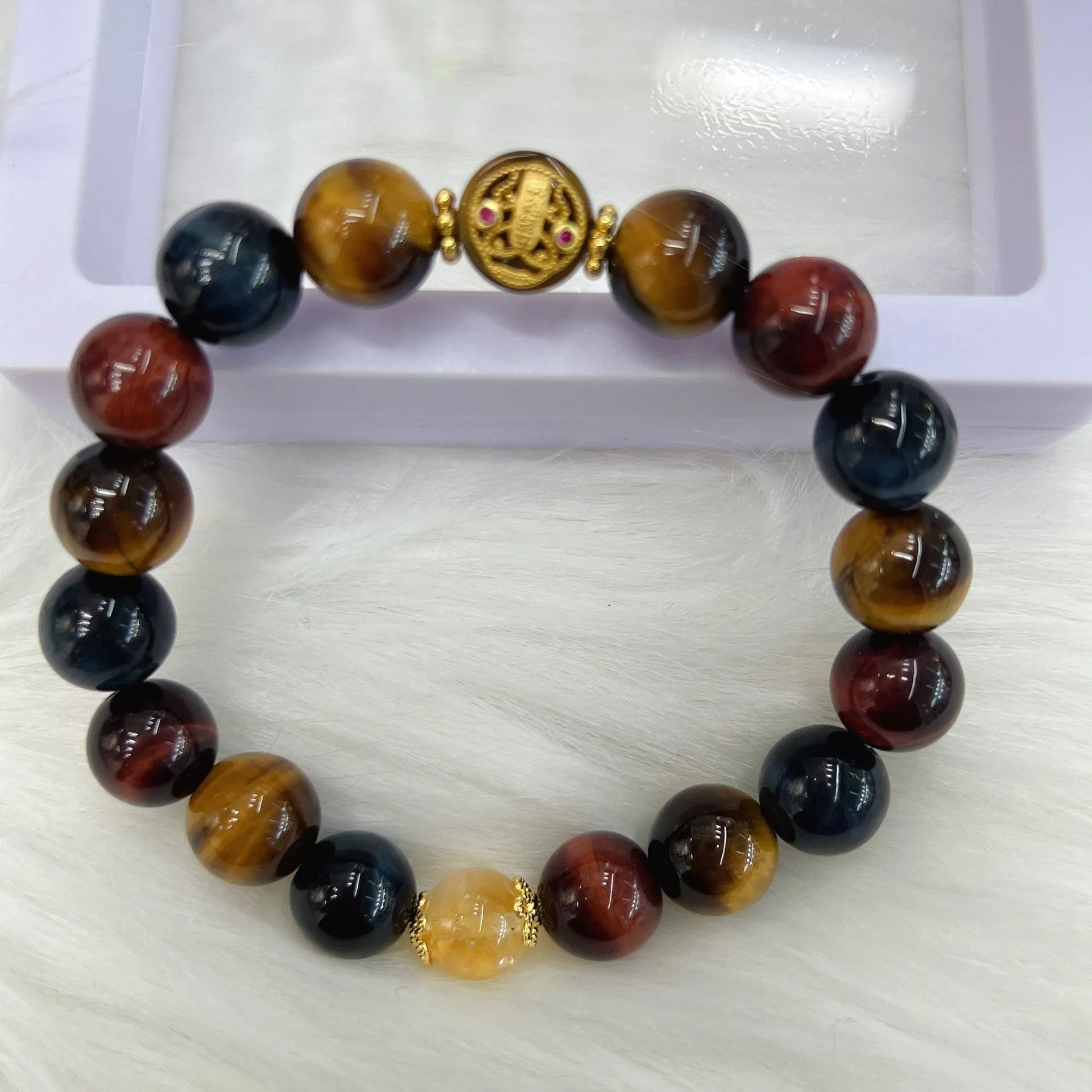 Tiger eye gemstone bracelet with loose round beads on Maillard chain, 18cm length