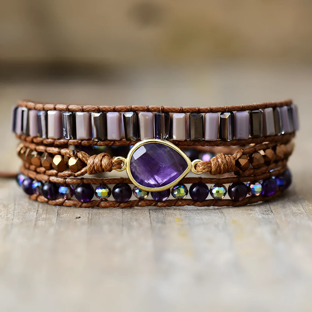 Natural amethyst crystal handmade bracelet with vintage weave in peacock colour
