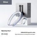 Silver grey hanging neck portable fan with no blades, USB charging port, and button controls