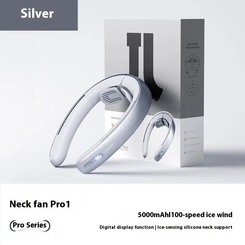 Silver grey hanging neck portable fan with no blades, USB charging port, and button controls