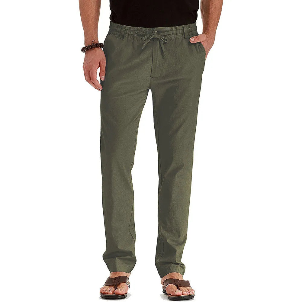 Men's loose oversized cotton blend straight-leg track pants in army green, front view