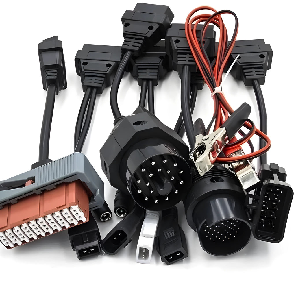 Eight TCS diagnostic car cables including PSA, Audi, BENZ, BMW, Opel, Fiat connectors and power cable on white background
