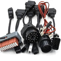 Eight TCS diagnostic car cables including PSA, Audi, BENZ, BMW, Opel, Fiat connectors and power cable on white background