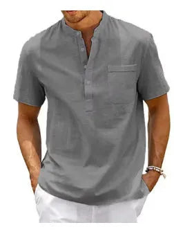 Men's solid colour stand collar polo shirt with short sleeves in lightweight bird eye cloth