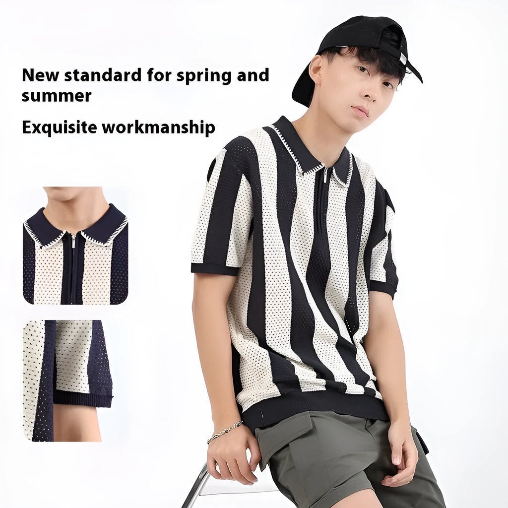 Man modelling a black and white striped short sleeve viscose sweater with a small front zipper detail.
