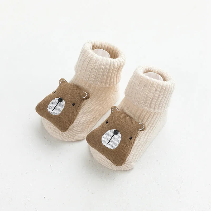 Non-slip baby socks with dispensing glue feature in cotton material, showing mid-calf height and colour options