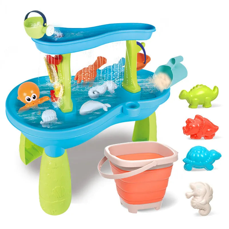 Children's 18-piece beach toy set with four-layer table in Beach Boat colours, plastic construction for water and sand play
