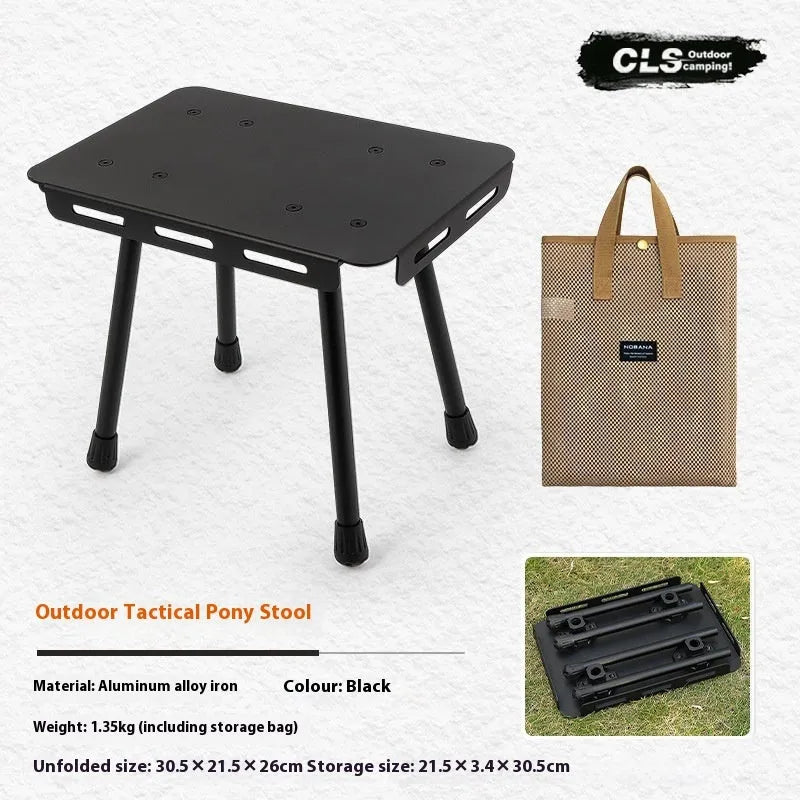 CLS aluminium folding camping stool shown in dual-use mode as a seat and small table with storage bag.