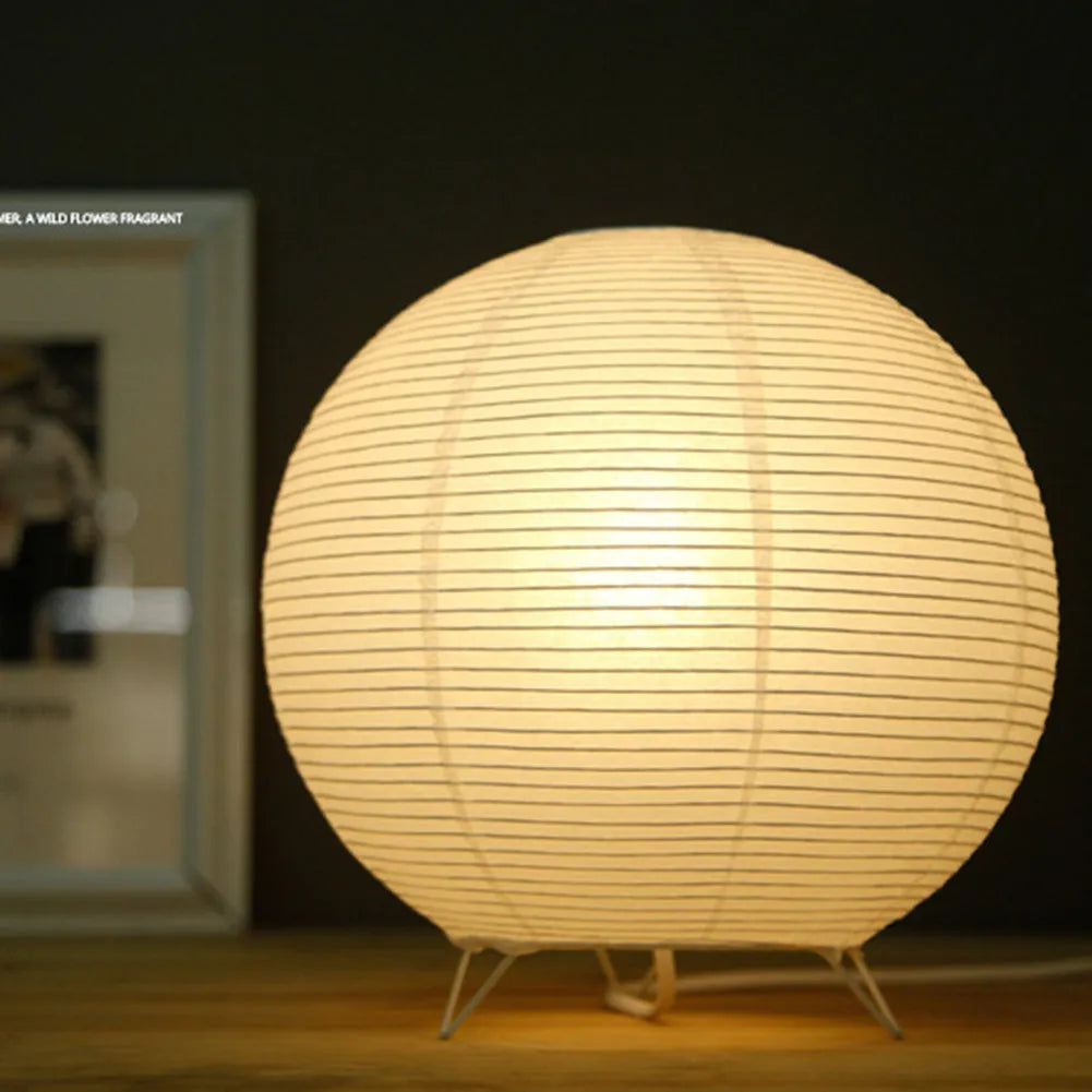 White handcrafted rice paper table lamp with plug for bedside or desk use