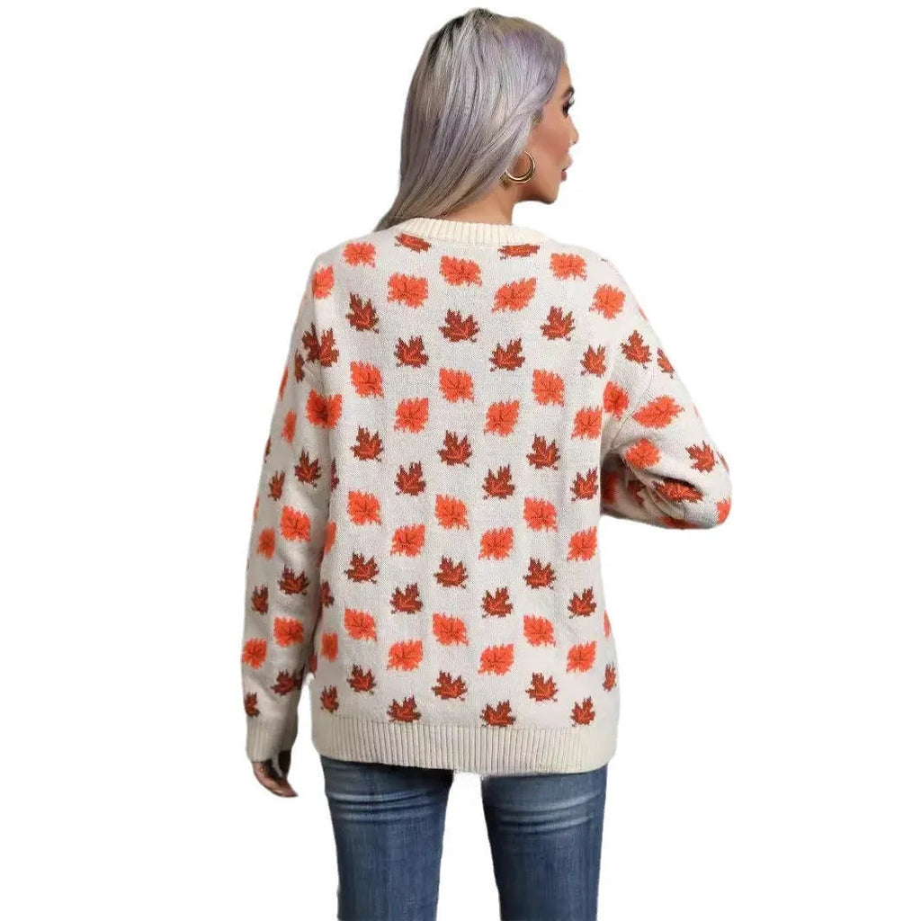 Beige maple leaf Christmas loose fit sweater with contrast colour detailing