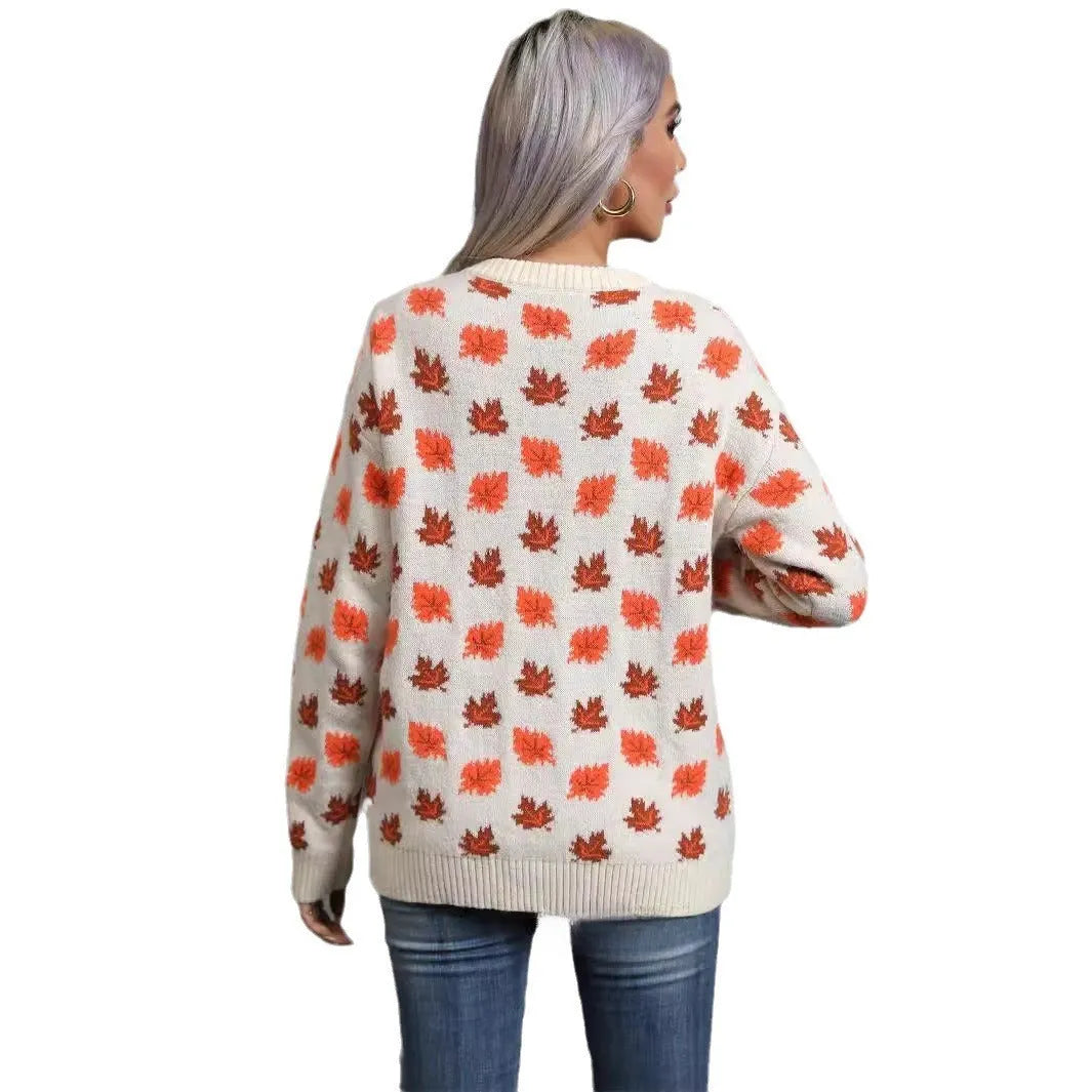 Beige maple leaf Christmas loose fit sweater with contrast colour detailing