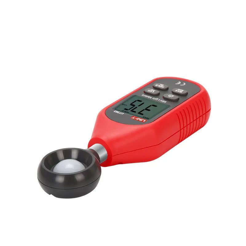 UT383 mini digital lux meter measuring light level with backlit LCD display