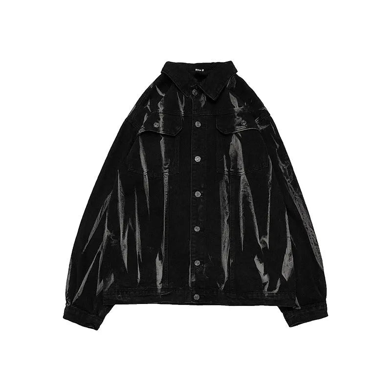 Men's loose-fit tie-dye denim coat in gray with side pockets, autumn style, Hong Kong influence