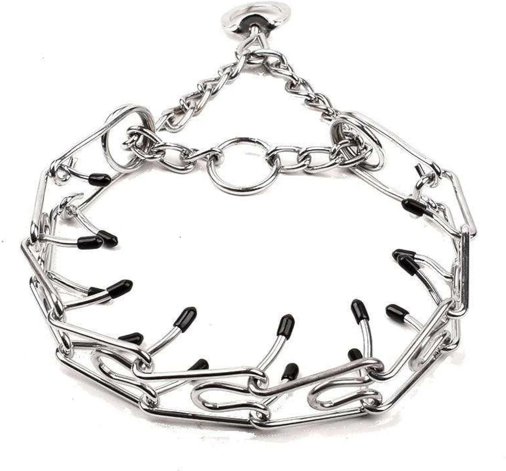 Stainless steel dog prong training collar with adjustable links and comfort rubber tips.