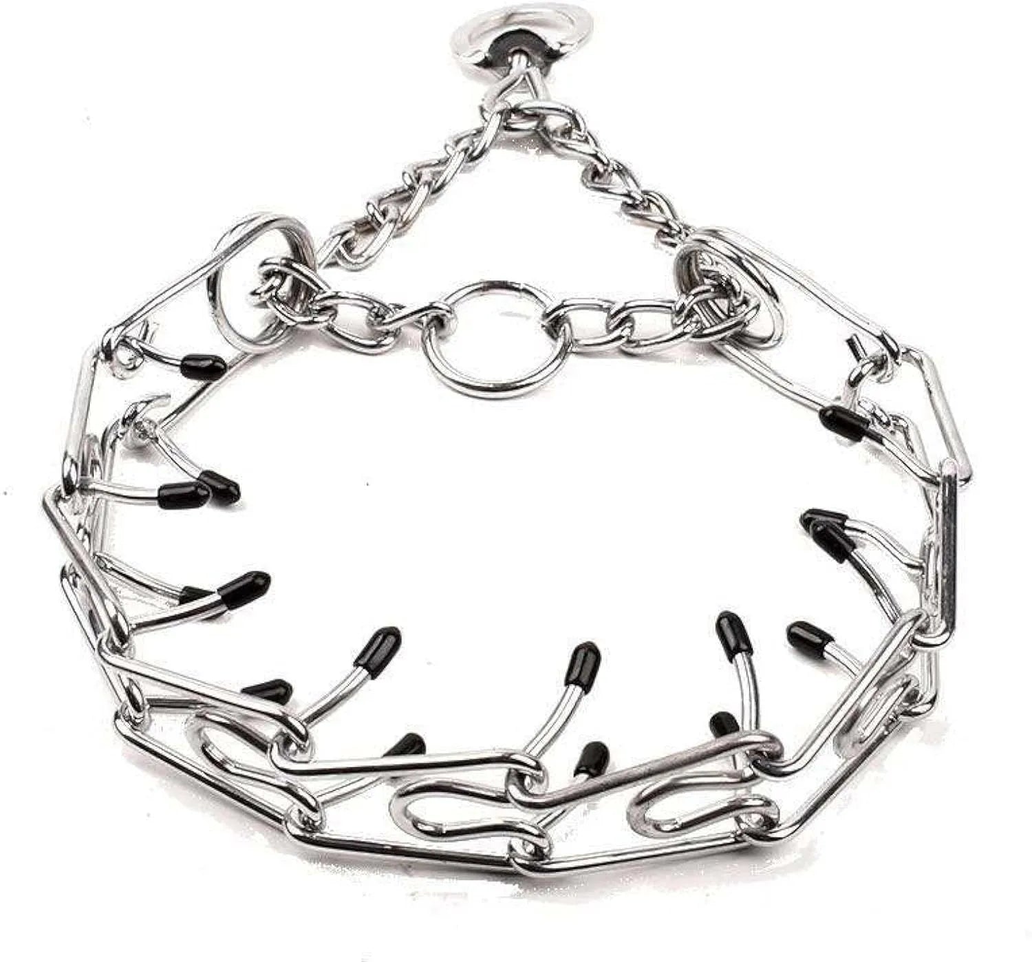 Stainless steel dog prong training collar with adjustable links and comfort rubber tips.