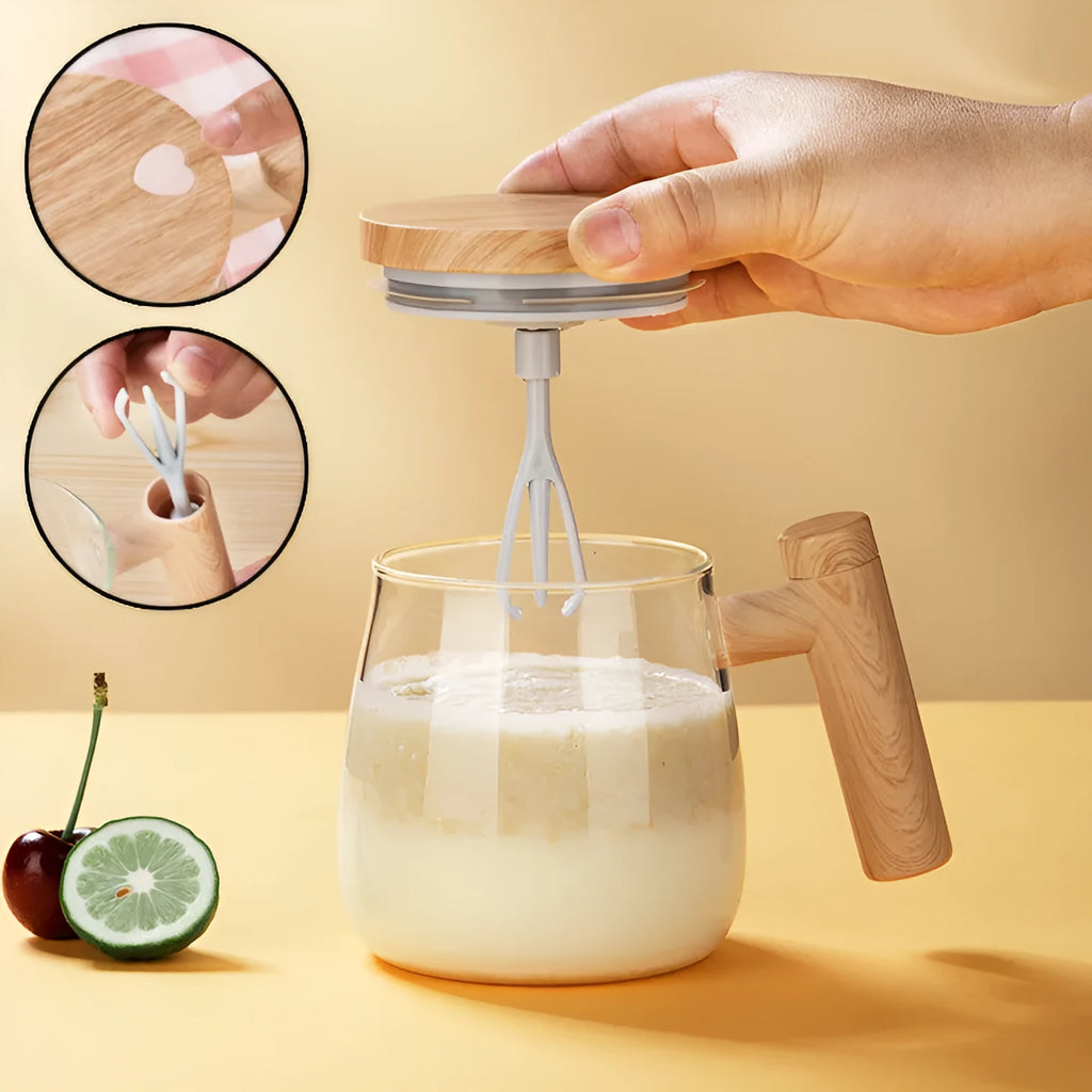 Clear borosilicate glass self-stirring coffee mug with button on base, 400ml capacity