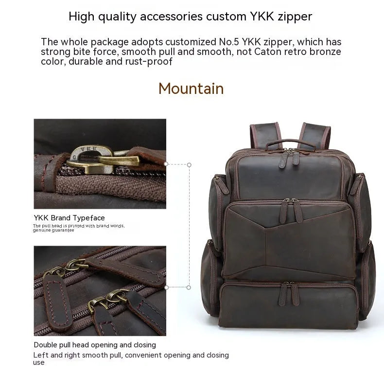 Dark brown genuine leather backpack for a 17-inch laptop, showing multiple pockets and double shoulder straps.