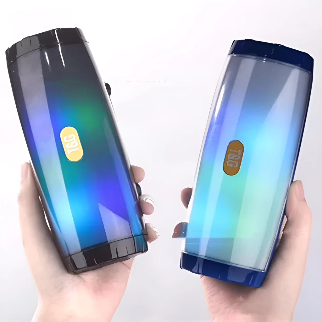 Portable Bluetooth speaker with LED coloured lamp in PU leather shell, showing compact design