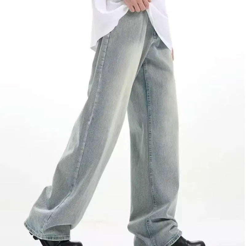 Blue retro loose casual trousers made from rabbit fur fabric with high elasticity