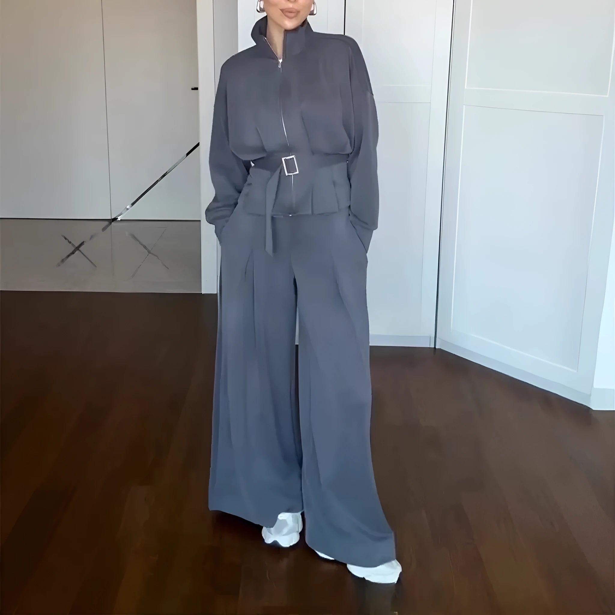 Women's casual suit set with stand collar zipper jacket and pants in navy blue, polyester fabric, belted waist