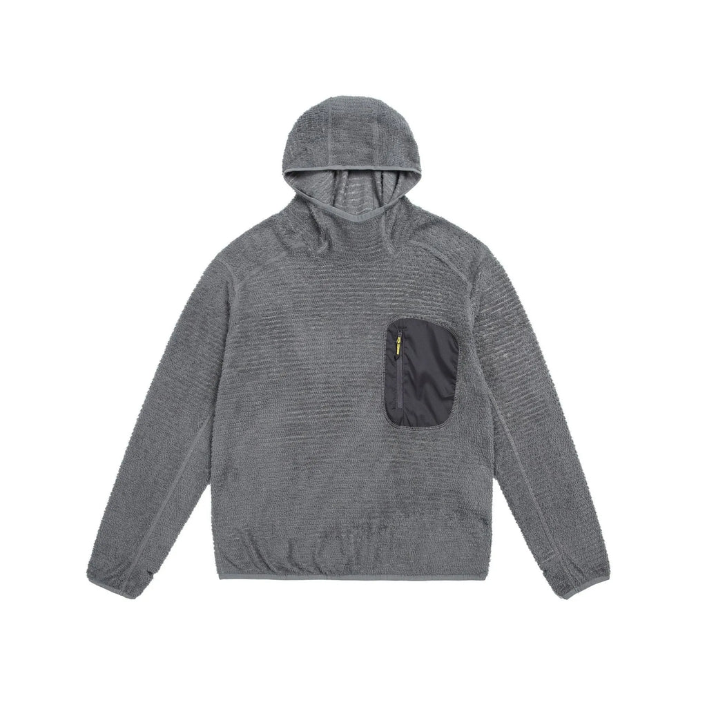Breathable pullover hoodie for men – polyester fibre blend with zip pocket, black colour, front view