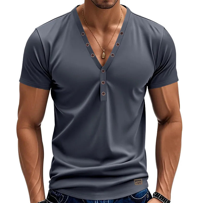 Men's loose V-neck T-shirt with button detailing in Chemical Fibre blend fabric