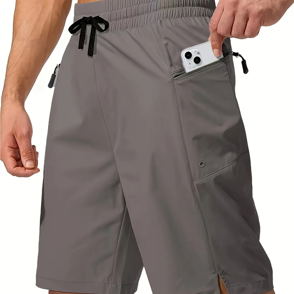 Men's quick-dry polyester beach shorts shown in multiple colour options with straight leg cut.