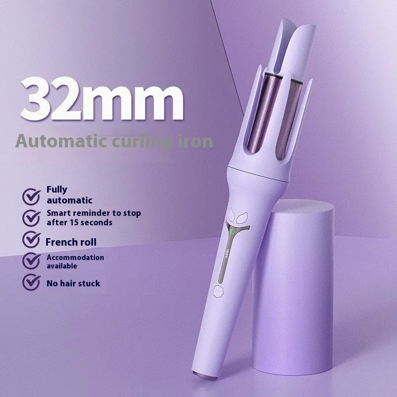 Pink automatic hair curler with 32mm barrel, three clips, and comb on white background