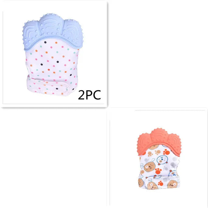 BPA-free silicone baby teether glove fastened with a white Velcro strap on a baby's hand