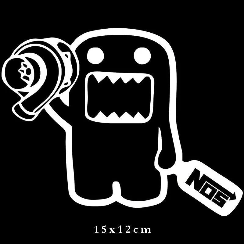 Black and white cartoon design PVC car sticker measuring 15 by 12 centimetres.