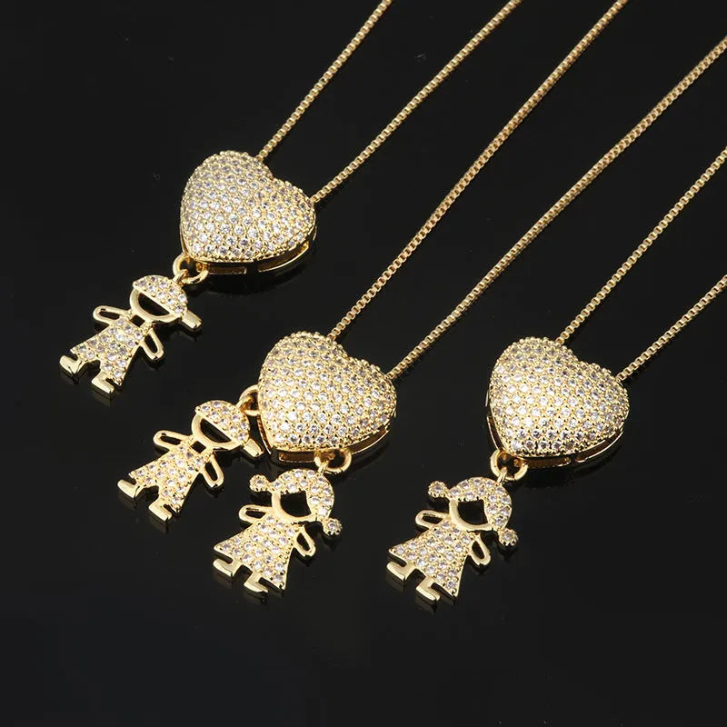 Gold colour copper heart pendant necklace with cubic zirconia inlays on a chain
