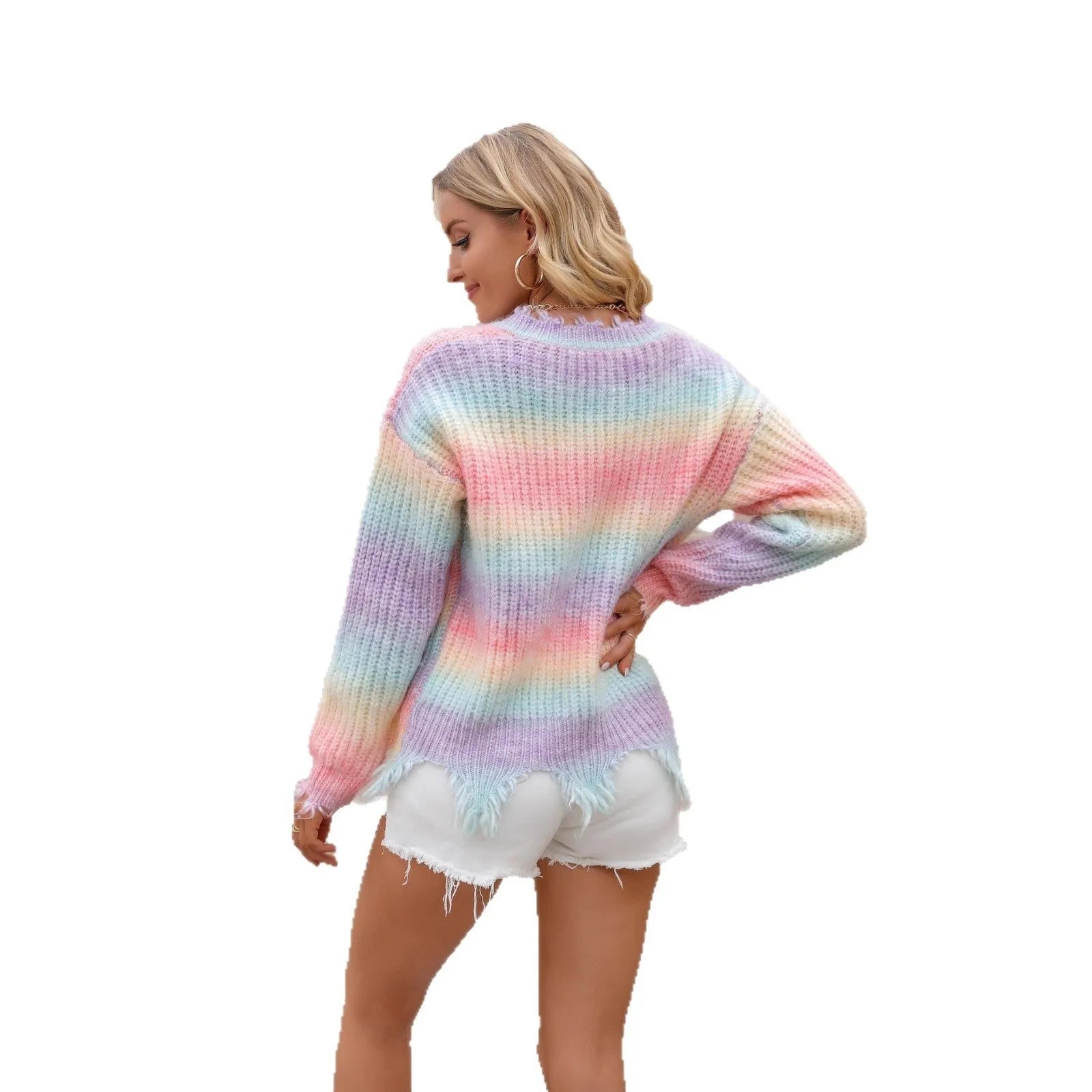 Pink rainbow gradient knitted loose pullover sweater with tassels on hanger