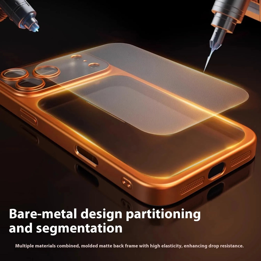 Frosted electroplating iPhone 17 phone case in desert gold colour showing full-coverage design.
