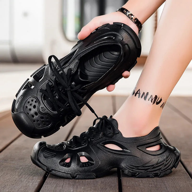 Men's black lace-up sports sandals with EVA sole and round toe on a neutral background.