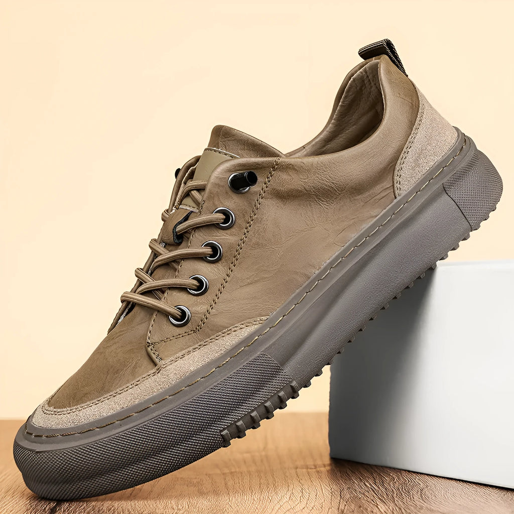 British round toe men's microfiber leather lace-up shoes in black, showing sewing line detail and rubber sole.