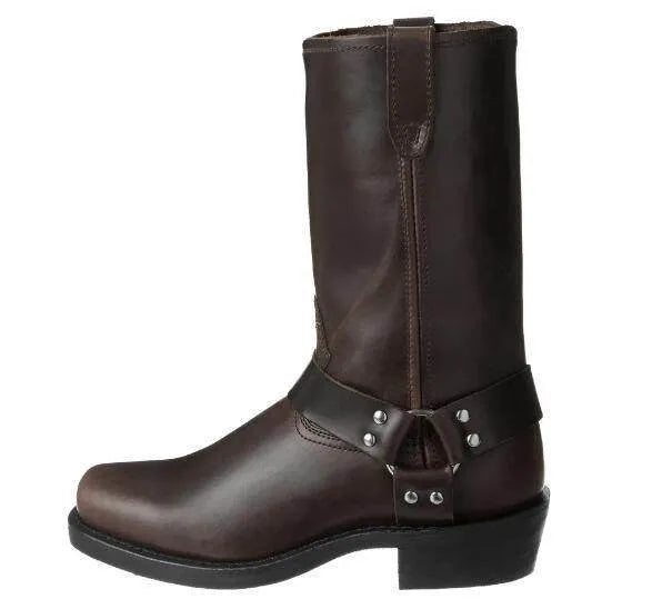 Men's brown vintage cowboy boots with a large metal buckle ring on the high top.