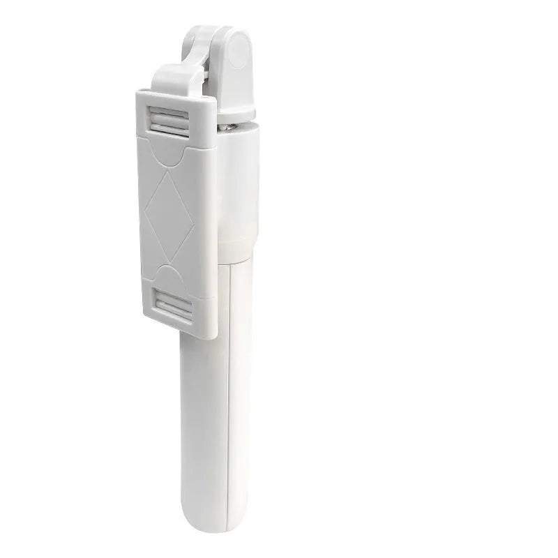 Bluetooth selfie stick tripod folded and extended on white background, black colour, plastic construction