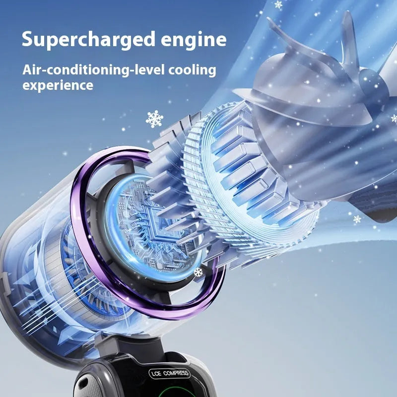 Blue handheld folding electric fan with USB charging port and adjustable speed settings.