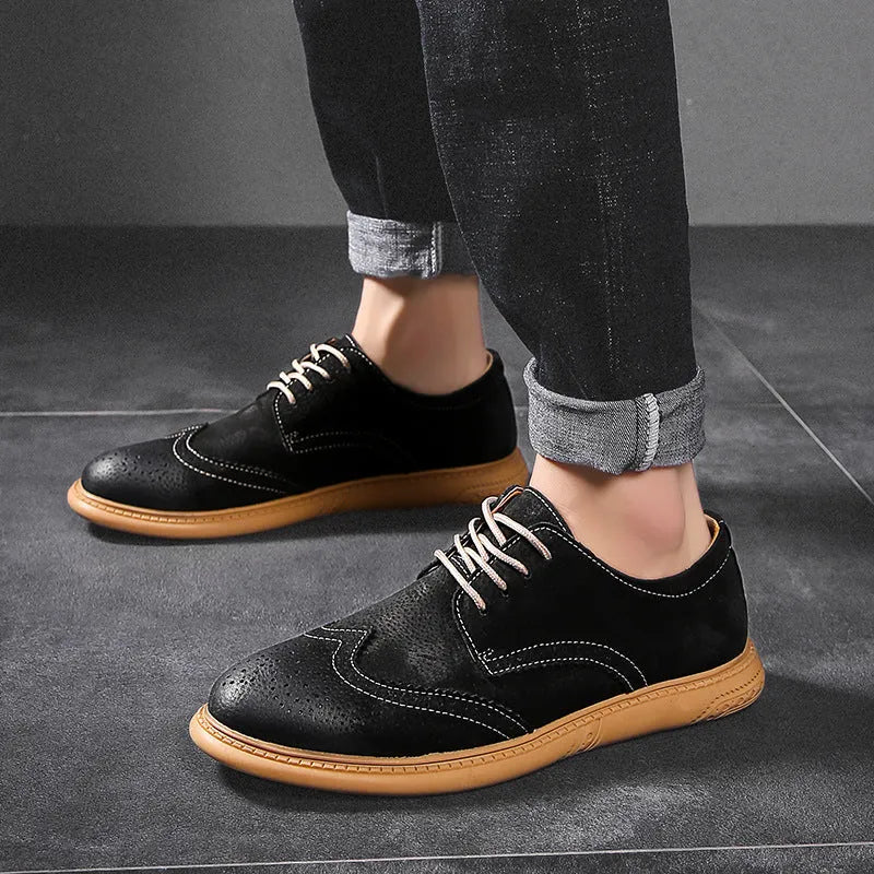 Men's grey genuine leather business shoes with retro lace-up design and rubber sole
