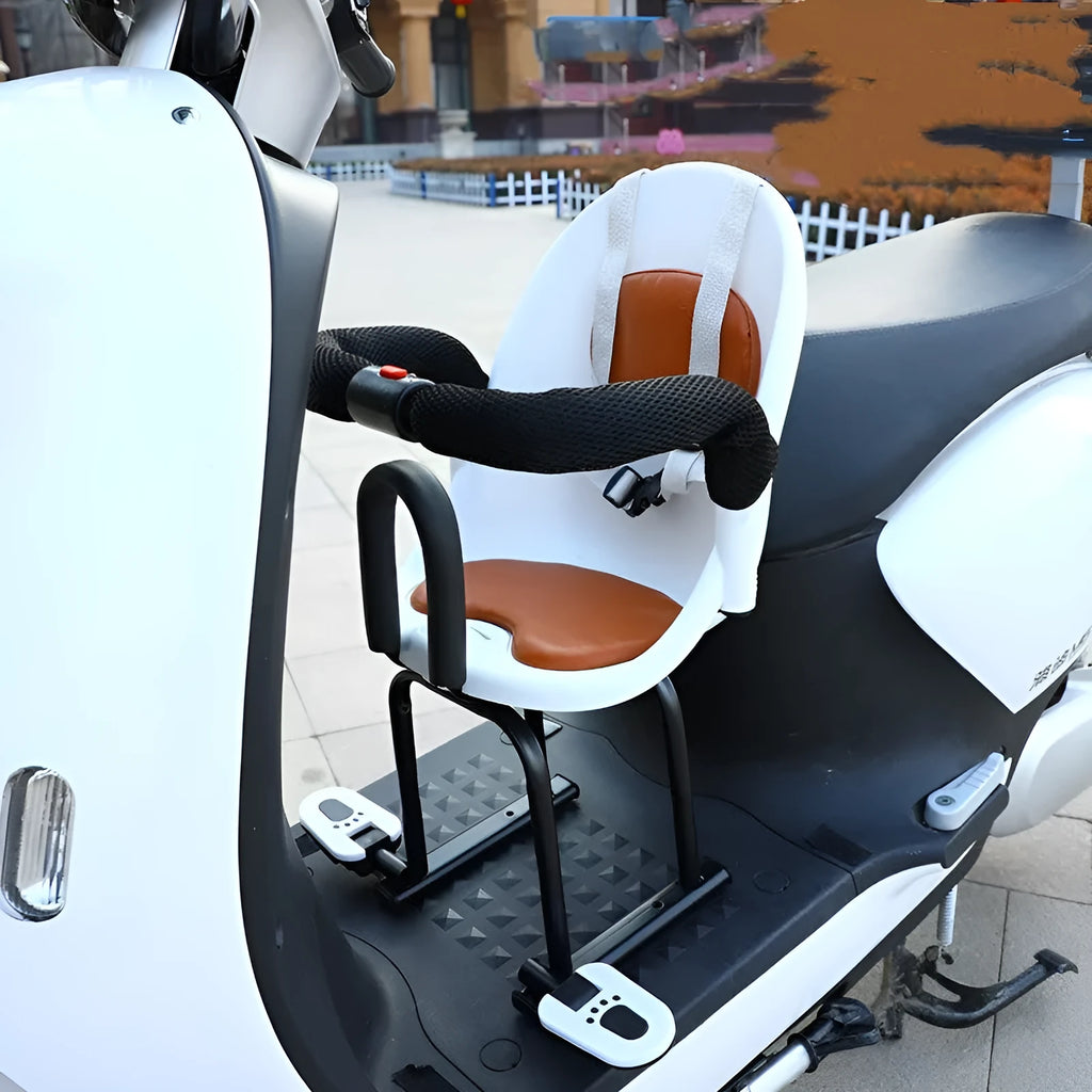 Children's front scooter seat with high carbon steel frame in white, red, or black colour options